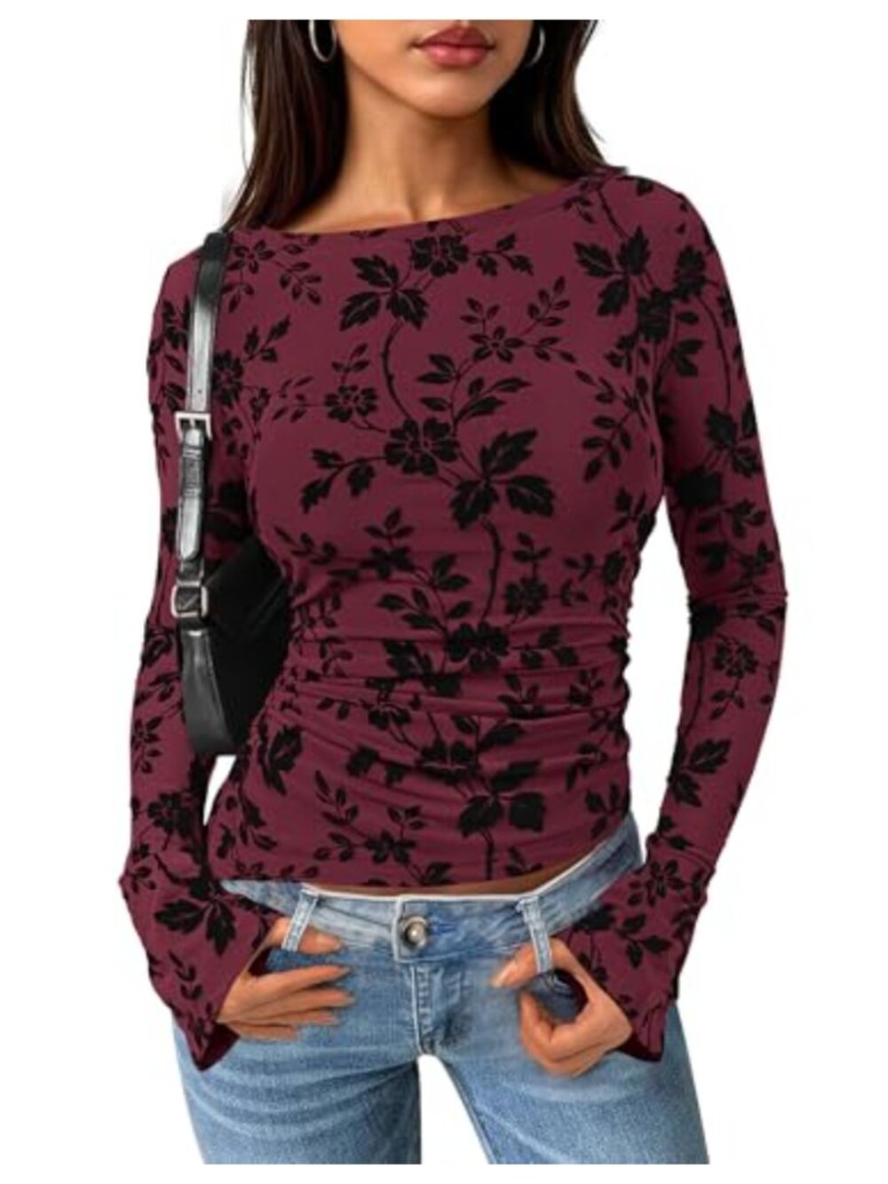 Women's Boho Floral Mesh Bell Sleeve Blouse Boat Neck Ruched
